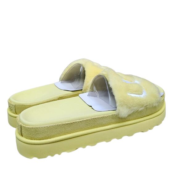 Fuzzy Fur Slides UGG Laton Size 10 Yellow Wool Embroidered Logo Sandal Suede EUC - Picture 7 of 14